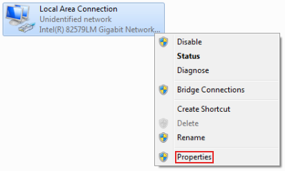 Click Change adapter settings and then within the Network Connections window right-click on the connection and click Properties